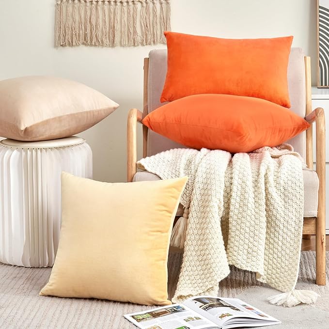 Fall Orange Throw Pillow Covers Decorative Velvet Set of 2 22x22 Inch Pillow Covers, Burnt Orange Large Pillowcases for Couch Sofa Bed Living Room, Farmhouse Boho Decor, Accent Cushion Covers