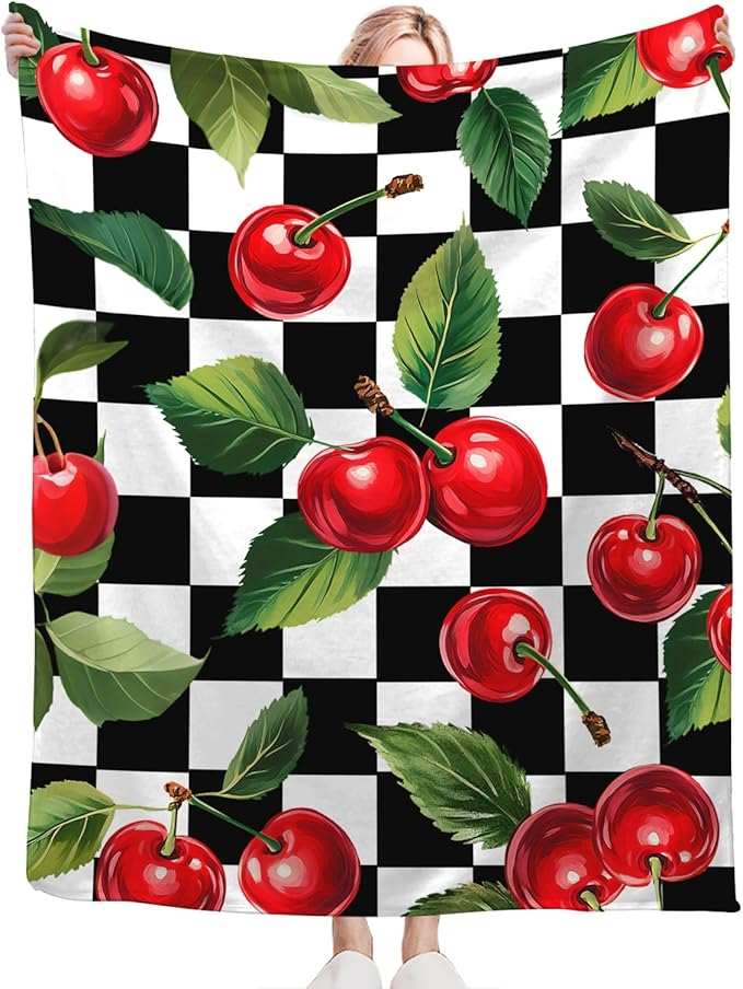 Cherry Blanket for Girls Women Adults Kids Soft Cozy Fleece Fruit Buffalo Plaid Preppy Gifts Throw Blankets Warm Flannel Plush Lightweight Decor for Couch Bed Sofa 50"X40"