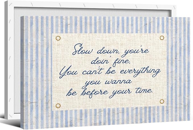 Slow Down You're Doing Fine Canvas Wall Art, Navy Blue Stripes Positive Quote Poster, Daily Affirmations Wall Decor for Bedroom Dorm, Modern Office Inspiring Typography Print 12x16in Wrapped Canvas