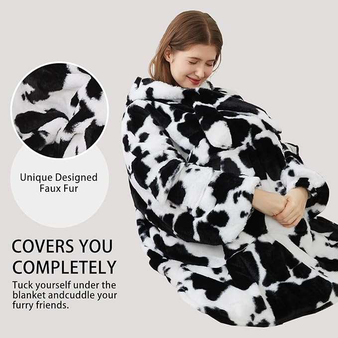 Softan Blanket Hoodie, Oversized Fleece Wearable Blankets for Women and Men Gifts, Cozy Warm and Soft Sweatshirt Blanket with Large Pocket, Cow Print