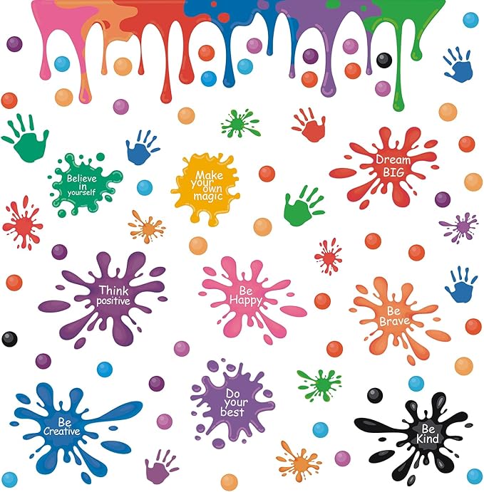 HLNIUC Large Size Inspirational Wall Decals 46PCS Positive Affirmation Ink Splatter Splotches Wall Sticker Growth Mindset Wall Decal Motivational Saying Peel and Stick Wall Stickers for Kid Playroom