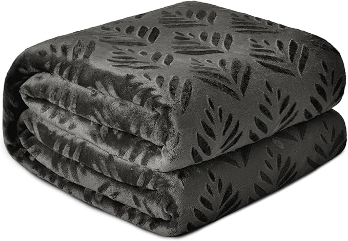 Exclusivo Mezcla Queen Size Fleece Blanket for Bed, Super Soft and Cozy Blankets All Season Use, Leaves Pattern, Plush Fuzzy Lightweight, Dark Grey, 90x90 Inch