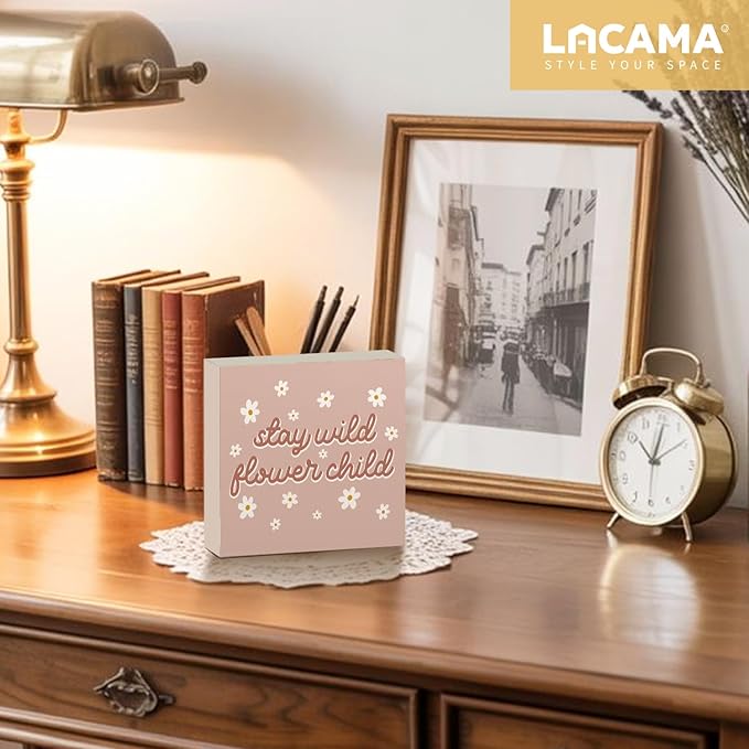 Lacama Pink Boho Girl Nursery Wooden Box Sign, Stay Wild Flower Child Decorations Wood Block Signs, Retro Boho Nursery Wood Sign for Girls Room Bedroom Desk Shelf Wall Decor 5x5 Inches