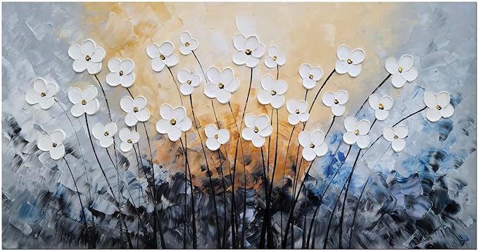 SYGALLERIER White Flower Canvas Wall Art - Hand Painted 3D Oil Paintings - Black Blue Pictures for Living Room Farmhouse Dinning Room Decor