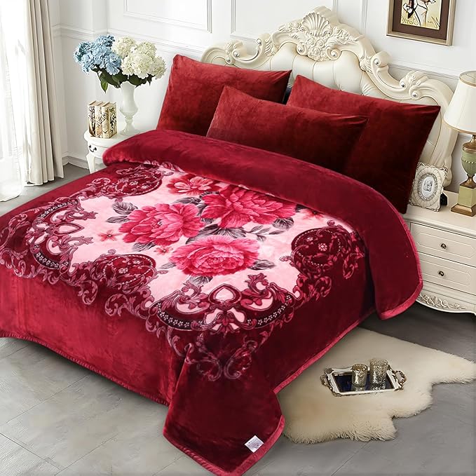 JYK Soft Fleece Bed Blanket King Size A&B Pattern Rose/Rose - 520GSM Fuzzy Cozy Luxury Warm Blanket Microfiber, 2 Ply Reversible Room Home Decor Christmas Decorations, 83" x 91 inches, 5.7 LB