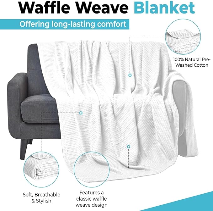 100% Cotton Blankets for Bed - Waffle Weave Blankets for Summer, Lightweight and Breathable Soft Woven Blanket for Spring (White, Throw (50" x 60"))