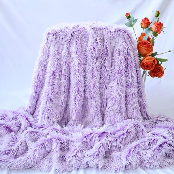 Plush Super Soft Blanket Bedding Sofa Cover Furry Fuzzy Fur Warm Throw Qulit Cozy Couch Blanket for Winter (51"x63",Violet and White)