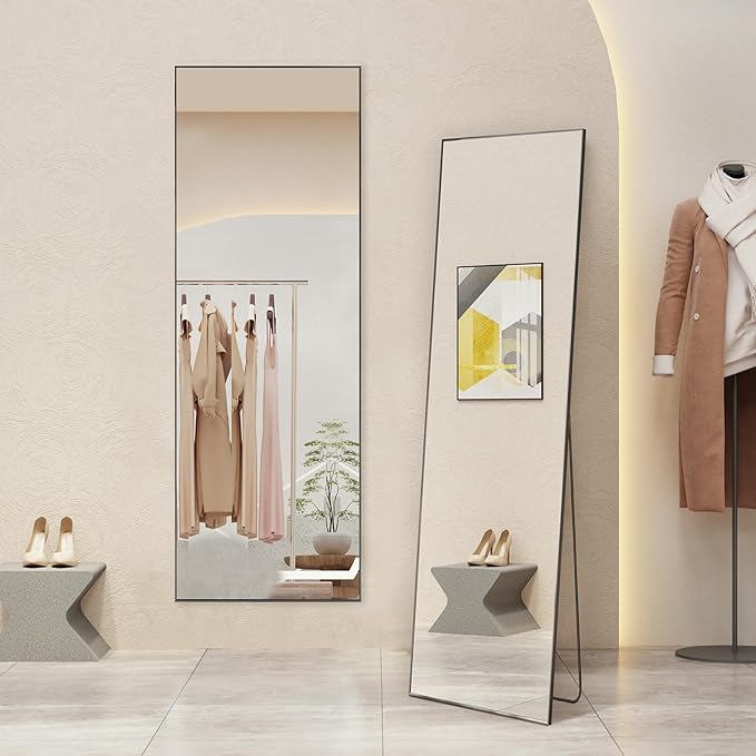 DUMOS Full Length Mirror 59"x16" Full Body Floor Mirror for Bedroom or Cloakroom, Can Stand Alone, Hang or Lean Against Wall, Tall Wall Mirror with Stand and Sleek Aluminum Alloy Thin Frame
