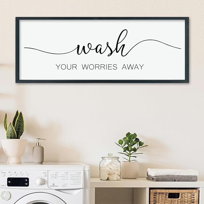 LuZhiQiang Laundry Room Wash Your Worries Away Wall Decor 40"×15" Inspirational Quote Sign for Bathroom Relaxation Room Rustic Farmhouse Large Wooden Framed Wall Hanging Art (Black)