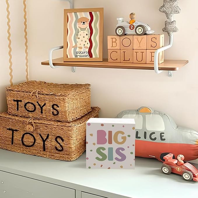Lacama Boho Girl Nursery Wooden Box Sign, Big Sister Decorations Wood Block Signs, Twin Room Wood Sign for Toddler Girls Room Bedroom Playroom Desk Shelf Wall Decor 5x5 Inches