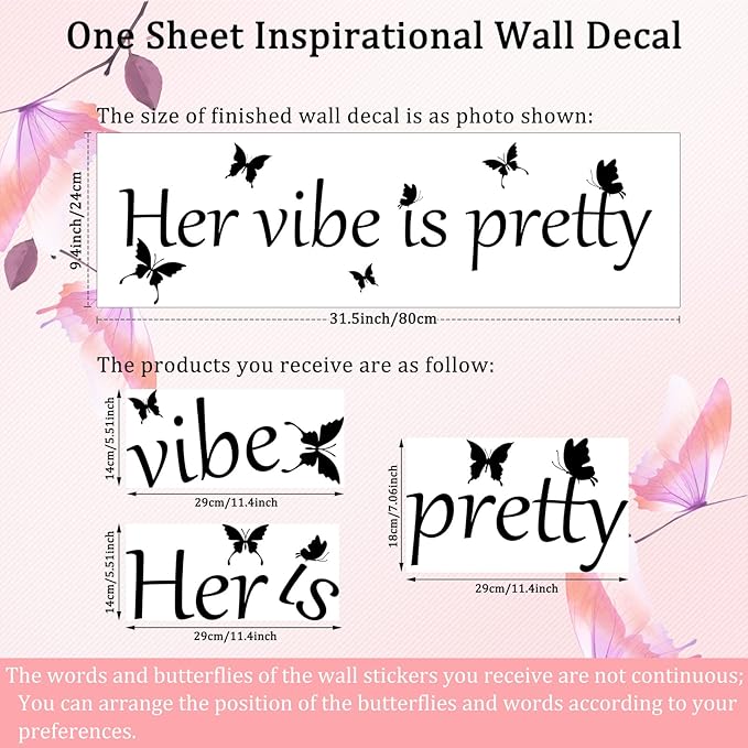 Her Vibe is Pretty Wall Decal Decor Vivid Butterflies Wall Sticker Inspirational Quotes Positive Wall Decal Sticker for Women Office 31.5 x 9.4 Inch (Simple Style,Black)