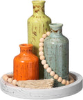 5 Pcs Rustic Country Tabletop Centerpieces Decor Set of 3 Boho Ceramic Vases with Wooden Serving Tray Wood Bead Garland Tassels Table Holder for Home Decorations(Mexican Color)