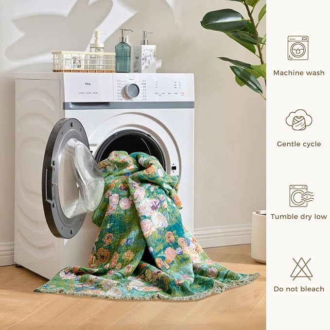 Boho Throw Blanket for Bed Cotton Spring Blankets Twin Size for Bedroom Living Room All Season Lightweight Floral Embroidery Reversible Quilt for Couch Sofa Chair 60"x80" Home Decor