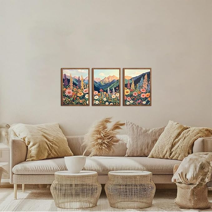 Boho Flower Landscape Wall Art Set of 3, Mountain Wildflower Nature Canvas Prints, Rustic Colorful Daisy Floral Wall Decor for Living Room Bedroom Office Farmhouse Home Decor 24x16In Wood Framed