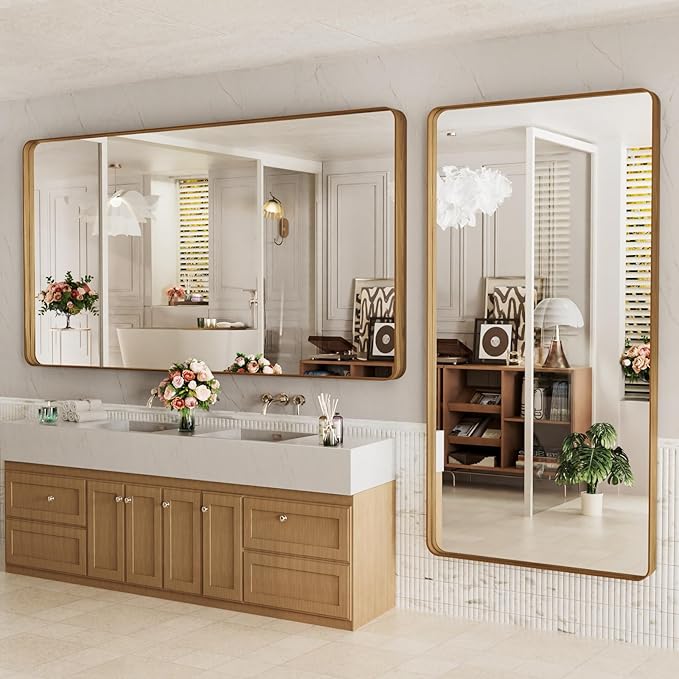 LOAAO 77X36 Inch Bathroom Mirror with Wood Grain Colored Metal Frame, Rounded Rectangle Metal Framed Bathroom Mirror, Anti-Rust, Hangs Horizontally or Vertically, Tempered Glass