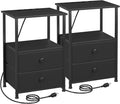 Night Stand Set 2, Black Nightstand with Charging Station, End Tables with Storage Shelf for Small Spaces, Bedside Table Side Tables with 2 Fabric Drawers for Bedroom, HETS020BK