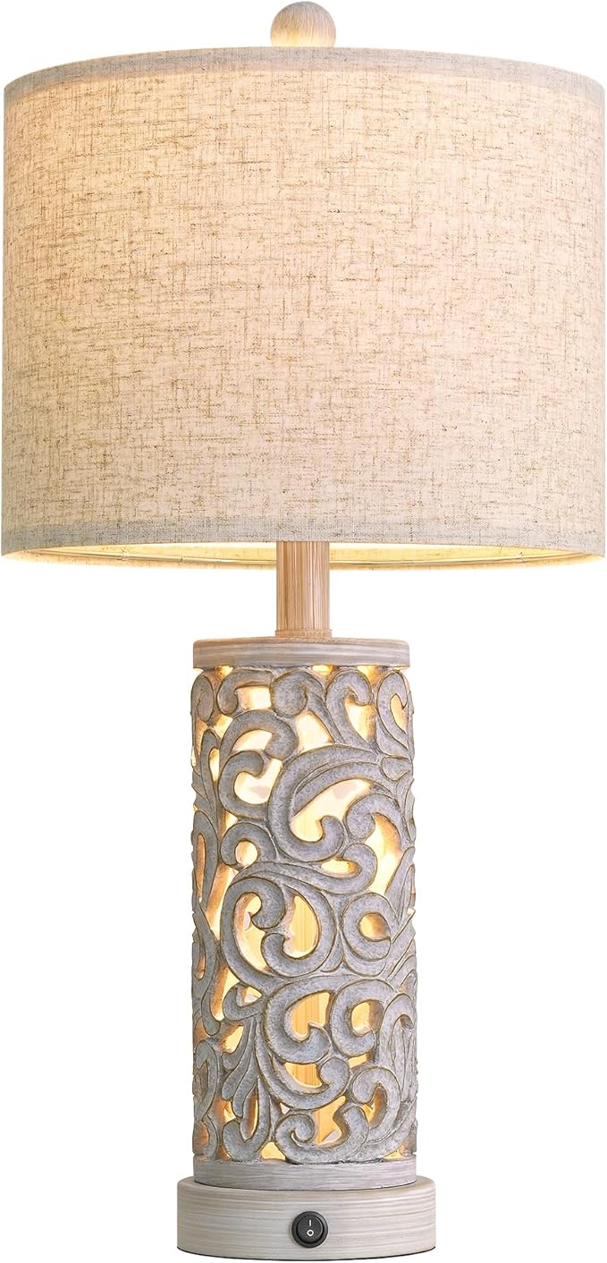 22" Dual Light Table Lamps for Living Room, USB A+C Table Lamp for Bedroom, Farmhouse Lamps for Night Stands with Linen Shade for Home Office(Bulb Included)