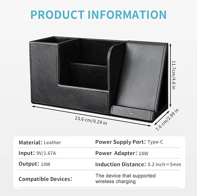 KINGFOM PU Leather Desk Organizer with Wireless Charging Station for iPhone, 10W Wireless Charger for iPhone 14/14 Pro/13/12/Samsung Galaxy S23/S22/S21/Note 20/Note 10(Black-L)
