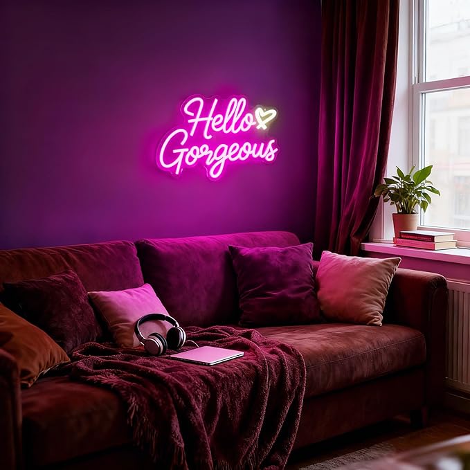 Hello Gorgeous Neon Signs for Wall Decor, Hello Beautiful Pink LED Neon Lights Sign with Dimmable Switch for Girls Bedroom, Makeup Room Decor, Wedding, Birthday Party (Pink)