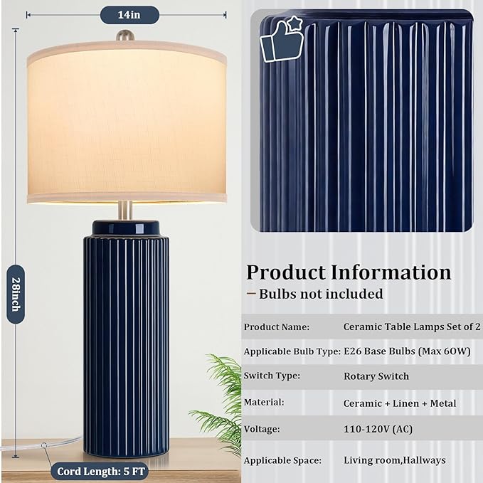 28’’ Modern Ceramic Table Lamps for Living Room Set of 2, Tall Farmhouse Bedside Lamps with Linen Shade, Dark Blue Rustic Nightstand Lamps for Bedroom, Vintage End Table Lamps for Office Hallway