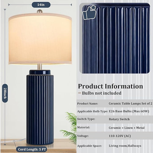 28’’ Modern Ceramic Table Lamps for Living Room Set of 2, Tall Farmhouse Bedside Lamps with Linen Shade, Dark Blue Rustic Nightstand Lamps for Bedroom, Vintage End Table Lamps for Office Hallway