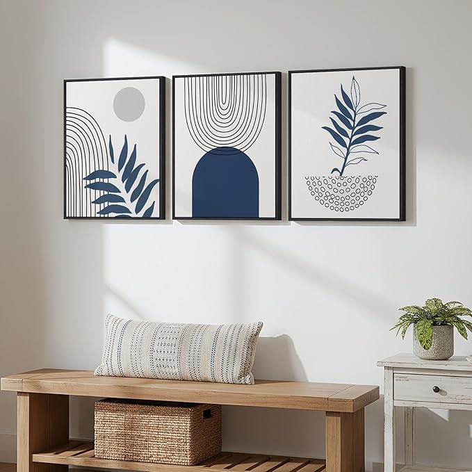 Framed Blue Boho Wall Art for Room Decor, 3 Piece Botanical Line Artwork for Walls, Mid Century Modern Blue Canvas Pictures Prints for Living Room Bedroom Hallway Office Apartment Wall Decor, 12x16 In