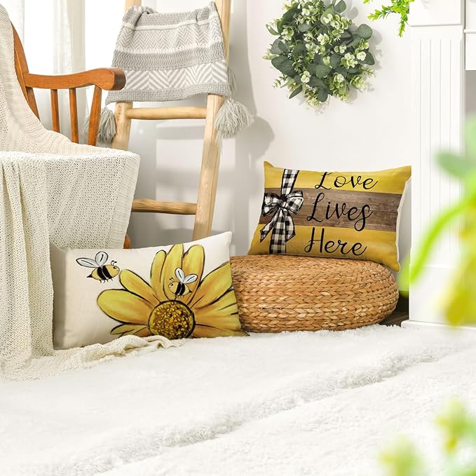 AVOIN colorlife Home Sweet Home Bee Sunflower Throw Pillow Covers, 12 x 20 Inch Love Lives Here Spring Summer Stripes Cushion Case for Sofa Couch Set of 4