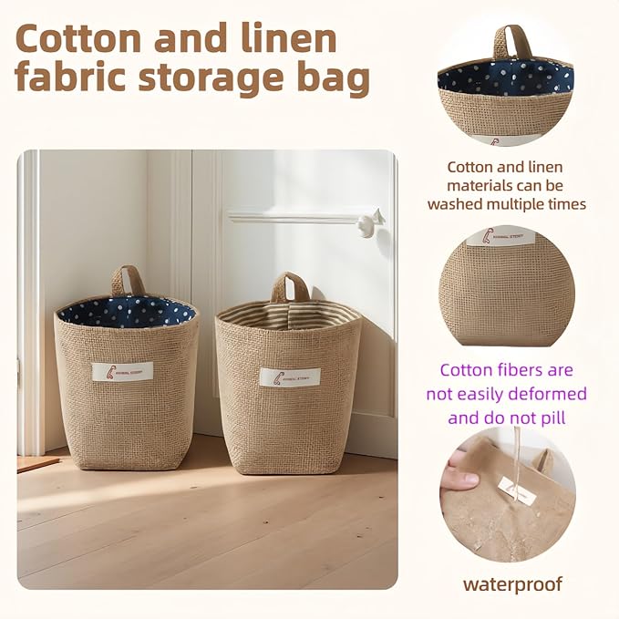 Washable Cotton Linen Hanging Organizer Bag for Door Wall Bedside | Washable Storage Pockets | Space Saving ，Reusable Closet Organizer (2Pack) (Deep blue dots+yellow stripes)
