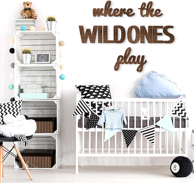 Where the Wild Ones Play Nursery Sign Wooden Playroom Wall Decor Playroom Decoration Word Play Room Sign for Wall Plaques(23 Inch,Brown)