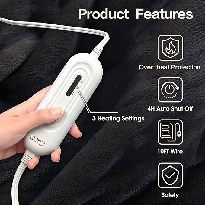 Tefici Electric Heated Blanket Throw, Super Cozy Soft 2-Layer Flannel 50" x 60" Heated Throw with 3 Heating Levels & 4 Hours Auto Off, Machine Washable, ETL&FCC Certified, Home Office Use,Black