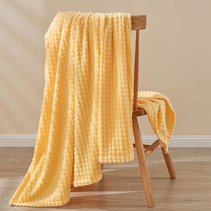 EMME Fleece Throw Blanket Luxury Flannel for Couch Bed Sofa Chair, Soft, Plush, Warm and Cozy Blanket with Geometric Grid Design (Yellow, 50'' x 60'')