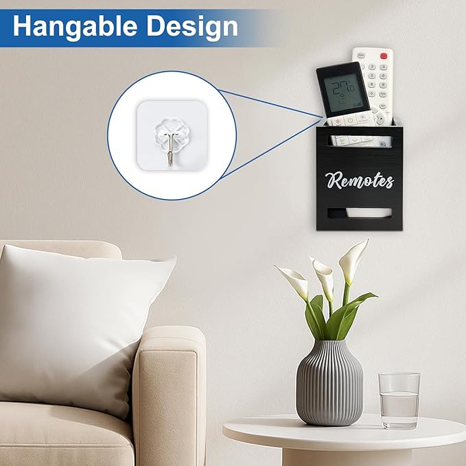 Small Remote Control Holder Wall Mount Wooden Remote Caddy Organizer for Bed Table TV Controller Box Storage Bedside Table Organizers Remotes Control Wall Holders Nightstand Accessories Black Caddy