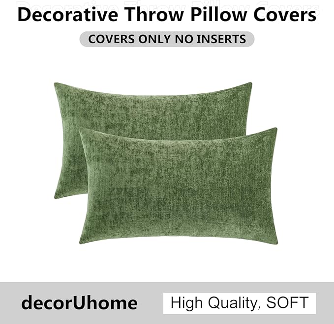 decorUhome Chenille Olive Green Throw Pillow Covers 12x20 Inch Set of 2, Decorative Soft Couch Pillow Covers Solid Dyed Accent Farmhouse Neutral Rectangle Pillow Cases for Sofa