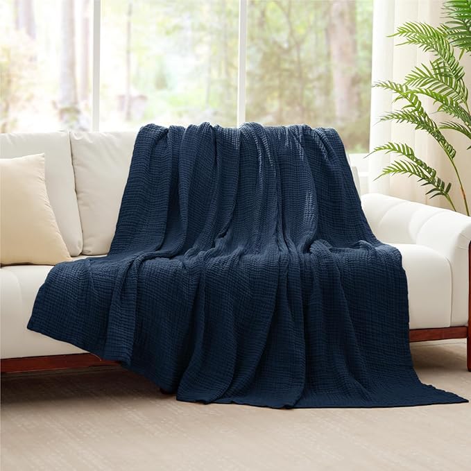 100% Cotton Muslin Blankets Twin XL 66" x 90", 6 Layers Breathable and Lightweight Twin Blanket for Bed, Soft Boho Coverlet Bedspread, Gauze Bedding for All Season, Navy
