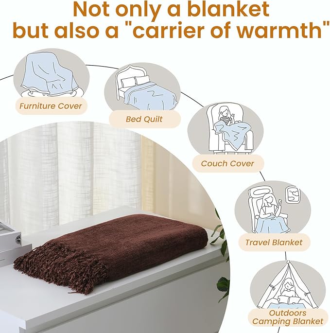 Rust Brown Chenille Throw Blanket for Couch Bed，Soft Cozy Throw Blanket with Handmade Fringe, Decorative Blanket for Sofa Chair Living Room for Gift, (Rust Brown)