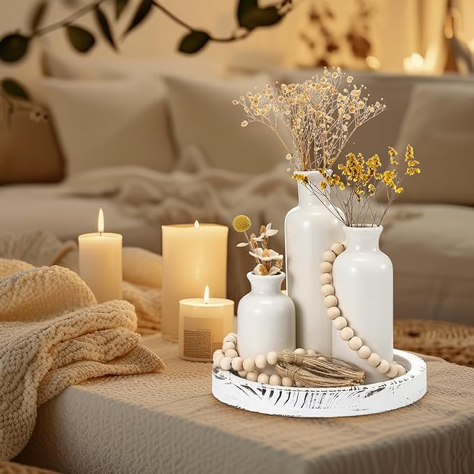 5 Pcs Rustic Country Tabletop Centerpieces Decor Set of 3 Boho Ceramic Vases with Wooden Serving Tray Wood Bead Garland Tassels Table Holder for Home Decorations(White)