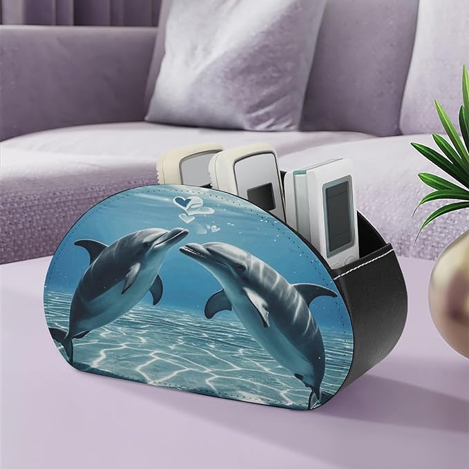 Dolphins in Love Remote Control Holder Organizer Box with 5 Compartment PU Leather Bedside Storage Caddy Remote Organizer for Controller Media Player Pen/Pencil Storage