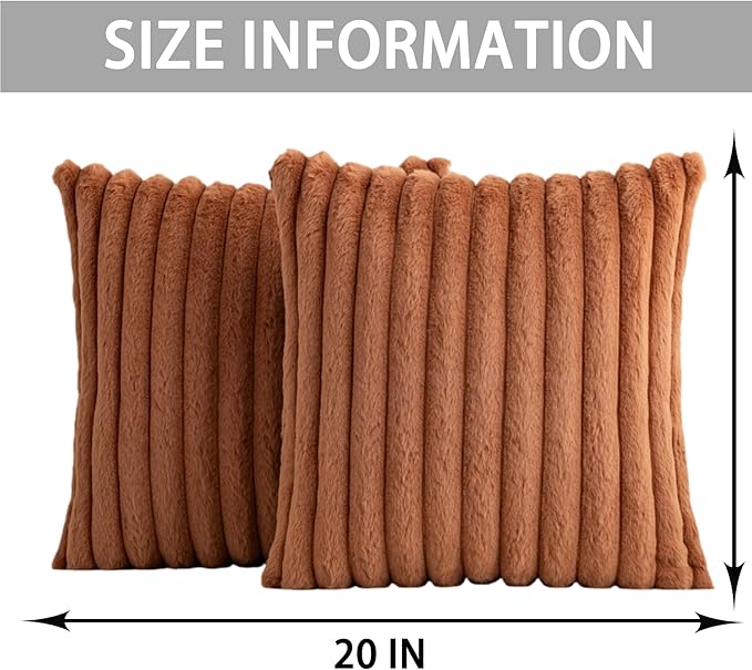 Aegero Pack of 2 Faux Fur Christmas Throw Pillow Covers 20x20 Inch, Soft Plush Striped Neutral Couch Pillow Cover, with Velvet Back Modern Home Decor for Sofa Living Room Couch Bed Dark Brown