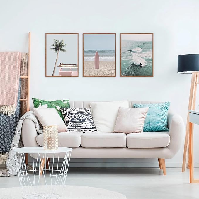 CHDITB Beach Framed Canvas Wall Art Set Of 3, Coastal Wall Decor, Ocean Wave Wall Painting, Palm Tree Seaside Artwork Surfboard Art Prints For Living Room Or Bedroom (12X16 Inch)