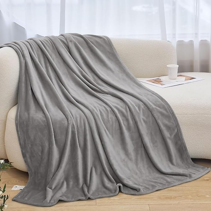 Twin Blanket for Bed, Flannel Fleece Warm Plush Cozy Blankets for Women, Sofa, Couch, Travel, Camping, 60" X 80", Light Grey