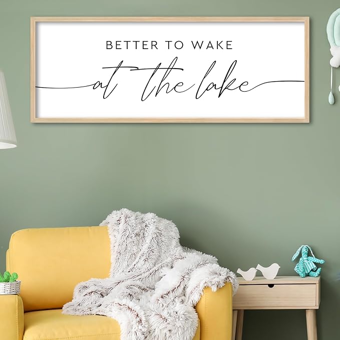 SRSZHIYUE Better To Wake At The Lake Wall Decor Above Bed Sign 40"×15" for Lake House Rustic Bedroom Over Bed Farmhouse Large Wood Framed Home Wall Hanging Art (Wood)