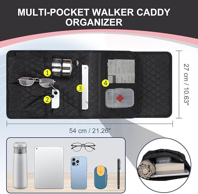 supregear Walker Bag, Universal Seniors Caddy Organizer with Multiple Pockets, Lightweight Accessories for Elderly, Rollators, Wheelchairs and Bedside Rails, Easy to Use Storage Pouch, Black