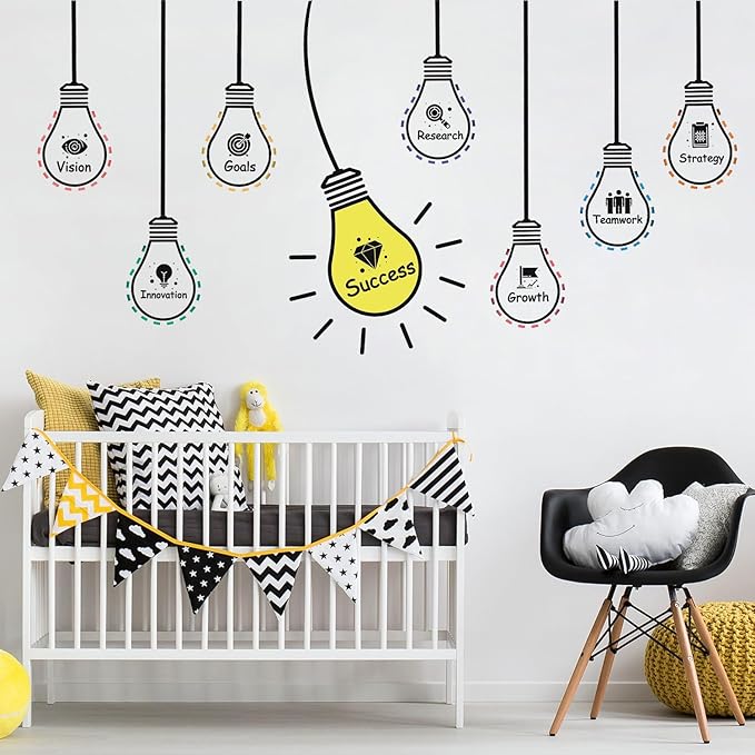HLNIUC Positive Words Wall Decal 25PCS Success Teamwork Wall Sticker Minimalist Inspirational Lettering Artwork Motivational Saying Art Sticker Light Bulb Themed Wall Decor for Classroom Office