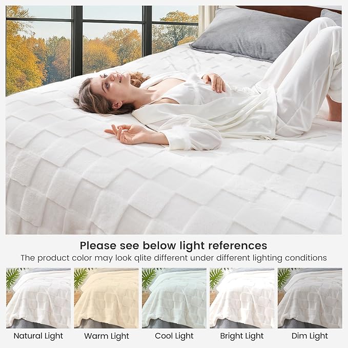 Cozy Bliss Checkered Faux Rabbit Fur Blanket King Size for Bed, Soft Fuzzy Blankets for Women Men, Large Furry Fleece Throw for Bedroom Decor (Ivory, 90'' x 108'')
