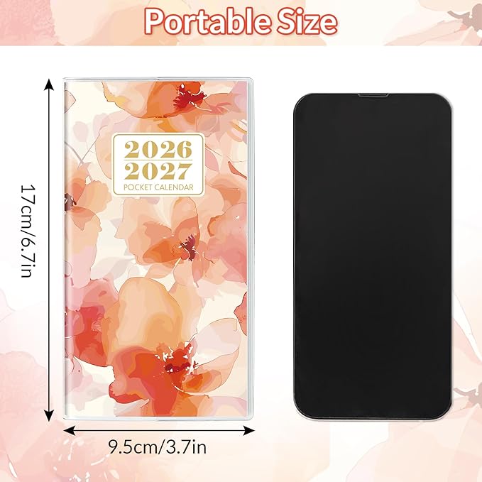 Pocket Calendar 2026-2027, Orange 2026-2027 Monthly Planner - 3.7" x 6.7" - Runs from January 2025 Until December 2027, 2026 Pocket Calendar with PVC Cover for Home, School, Office Supplies