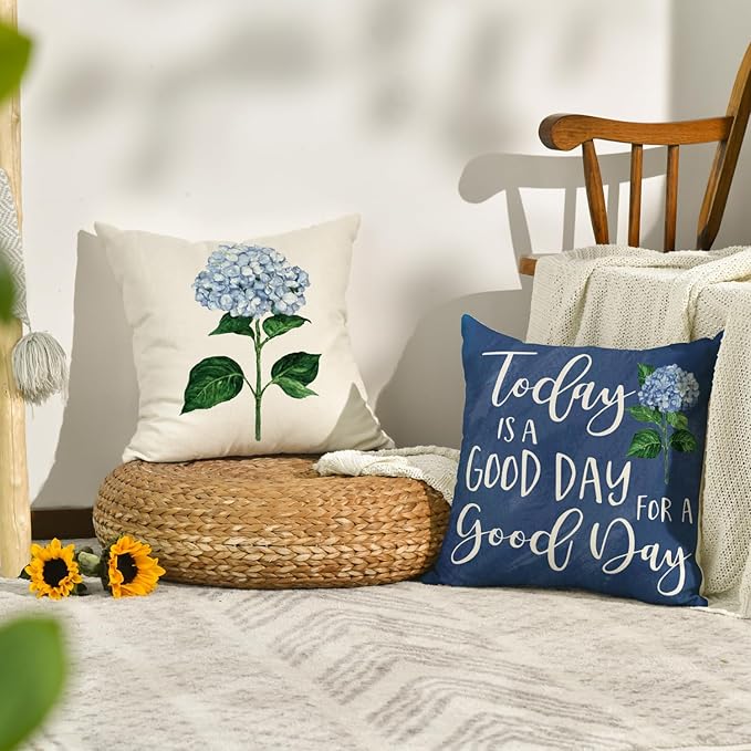 AVOIN colorlife Blue Hydrangea Spring Summer Throw Pillow Covers, 18 x 18 Inch Today is A Good Day Dark Blue Cushion Case Decoration for Sofa Couch Set of 4
