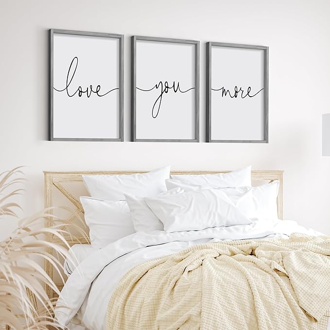 Heiple Love You More Sign Set of 3 Framed Above Bed Wall Decor Farmhouse Bedroom Decor Wood Art Rustic Master Bedroom Essentials Home Decoration (Gray, 11”x14”)
