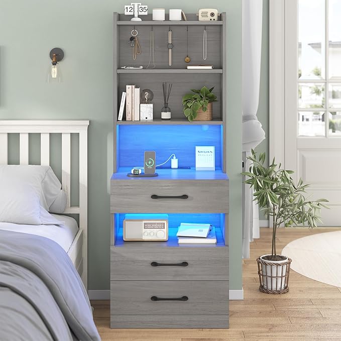 AOGLLATI Tall Nightstand with Charging Station and LED Lights, Night Stand with 3 Drawers and Storage Shelves, Bedside Table with Bookshelf, Modern End Side Table for Bedroom, Grey