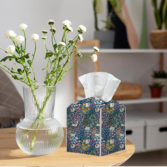 Tissue Box Cover, Tissue Box Holder, Square with Belt Bottom, PU Leather Decorative Organizer for Desk, Tabletop, Countertop Bathroom, Toilet Car, Office, Dresser Bedside, Cat Plant Flower Decor