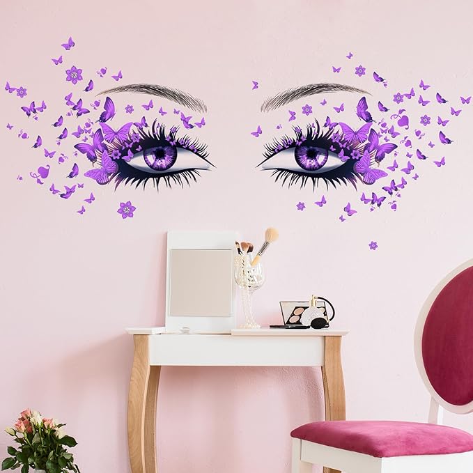 Beautiful Eyelash Eyes Wall Stickers Flying Butterfly Decals Girl Heart Decor Vinyl Art Butterflies Stickers for Women Girls Bedroom Living Room Decoration